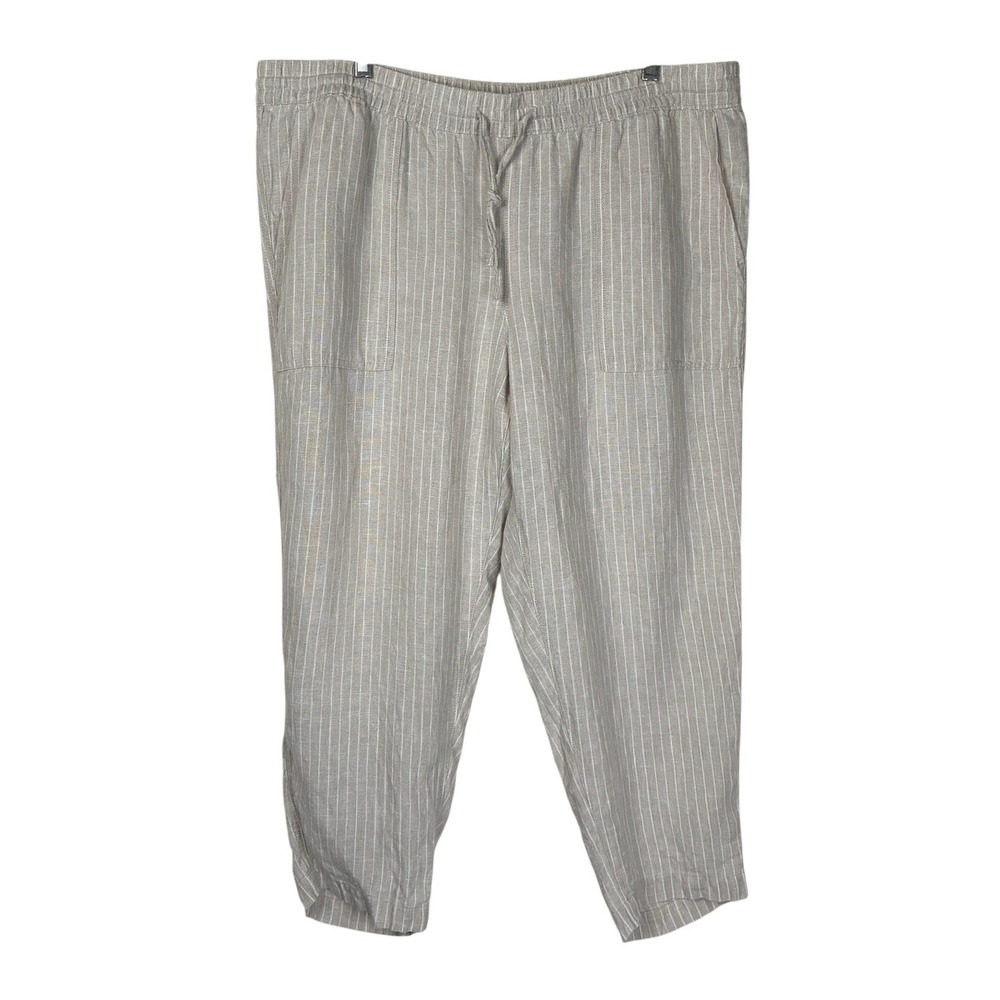 Lands' End Womens Linen Straight Leg Pull On Pant Size 16P Striped Beige Coastal